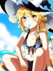 Rule 34 | 1girl, alternate costume, beach, bikini, blonde hair, blush, braid, breasts, collarbone, commentary, day, eating, food, footprints, french braid, front-tie bikini top, front-tie top, hand on own thigh, hand on thigh, hat, kirisame marisa, long hair, looking at viewer, mouth hold, navel, palm tree, popsicle, side braid, single braid, sitting, small breasts, solo, swimsuit, touhou, tree, witch hat, yellow eyes, yururi nano