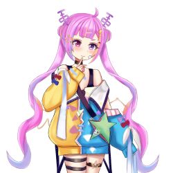 Rule 34 | 1girl, bag, bandaid, bandaid on face, blush, blush stickers, commission, heterochromia, highres, hood, hoodie, idol corp, multicolored hair, pink eyes, pink hair, purple eyes, riro ron, shirt, shoulder bag, simple background, star (symbol), thighs, twintails, virtual youtuber, white background, wings