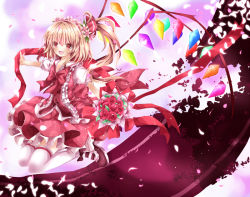 Rule 34 | 1girl, alternate costume, alternate hairstyle, bad id, bad pixiv id, blonde hair, bouquet, dress, female focus, flandre scarlet, flower, hair flower, hair ornament, hair ribbon, large wings, nanase nao, no headwear, no headwear, outstretched arms, petals, ribbon, shirt, shoes, short hair, side ponytail, solo, spread arms, thighhighs, touhou, white thighhighs, wings
