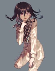 Rule 34 | 1boy, arm belt, belt, black scarf, blood, blood on clothes, blood stain, blue background, buttons, chain, checkered clothes, checkered scarf, commentary, cropped legs, danganronpa (series), danganronpa v3: killing harmony, fingernails, hair between eyes, hand on own chin, hand on own leg, highres, jacket, lemontea, long sleeves, looking at viewer, male focus, multiple belts, oma kokichi, parted lips, purple eyes, purple hair, scarf, short hair, signature, simple background, smirk, solo, symbol-only commentary, thigh belt, thigh strap, two-tone scarf, white belt, white jacket, white scarf, white sleeves