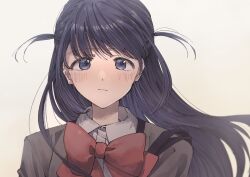 Rule 34 | 1girl, arms at sides, black hair, blue eyes, blurry, blush, bow, bowtie, brown background, closed mouth, collared shirt, depth of field, floating hair, gradient background, grey jacket, highres, jacket, long hair, looking at viewer, nori (cheiwbciwkxbdjr), open clothes, open jacket, portrait, red bow, red bowtie, school uniform, seishou music academy uniform, shirt, shoujo kageki revue starlight, shoulder strap, solo, tsuyuzaki mahiru, two side up, white shirt
