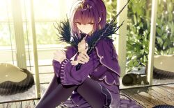 Rule 34 | 1girl, atha (leejuiping), black pantyhose, cat, dress, fate/grand order, fate (series), feather trim, highres, holding, holding wand, long hair, long sleeves, pantyhose, purple dress, purple hair, red eyes, scathach (fate), scathach skadi (fate), sitting, solo, tiara, wand