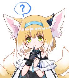 Rule 34 | 1girl, :o, ?, animal ears, arknights, bare shoulders, black gloves, blonde hair, blue hairband, blush, braid, dress, earpiece, finger to mouth, fox ears, fox girl, fox tail, gloves, green eyes, hairband, highres, id card, index finger raised, kitara koichi, kitsune, looking at viewer, material growth, multicolored hair, multiple tails, open mouth, oripathy lesion (arknights), raised eyebrows, simple background, single glove, single wrist cuff, solo, speech bubble, spoken question mark, streaked hair, suzuran (arknights), tactical clothes, tail, upper body, vest, white background, white dress, white hair, white wrist cuffs, wrist cuffs