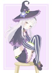 Rule 34 | 1girl, black capelet, blunt bangs, blush, capelet, choco donatsu, commentary, cropped shirt, hat, highres, hololive, long hair, murasaki shion, murasaki shion (1st costume), pinstripe pattern, pinstripe shirt, shirt, short eyebrows, sidelocks, silver hair, smile, solo, striped clothes, striped shirt, vertical-striped clothes, vertical-striped shirt, virtual youtuber, witch hat, yellow eyes