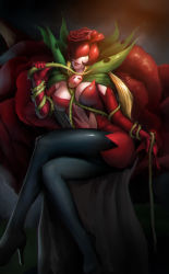 Rule 34 | 1girl, absurdres, black footwear, blonde hair, boots, breasts, cleavage, dark background, digimon, flower, high heel boots, high heels, highres, lipstick, makeup, phamoz, plant, rose, rosemon, smile, solo, thigh boots, thighhighs, thorns, vines