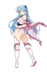 Rule 34 | 1girl, ass, bare shoulders, blue hair, blunt bangs, blush, boots, breasts, clenched hand, detached sleeves, flower, frilled sleeves, frills, hair flower, hair ornament, hairband, himukai kyousuke, japanese clothes, leotard, long hair, looking at viewer, obi, official art, one eye closed, red eyes, ribbon, ring dream, sasaki yukime, sash, simple background, solo, white background, white legwear, wince, wrestling outfit, yuki onna (ring dream)