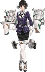 Rule 34 | 10s, 1girl, black eyes, black hair, black skirt, bob (biyonbiyon), camouflage, crossed legs, eyebrows, full body, gloves, hair ornament, high heels, kantai collection, long sleeves, machinery, military, military uniform, myoukou (kancolle), official art, pantyhose, pencil skirt, puffy long sleeves, puffy sleeves, short hair, skirt, smile, solo, standing, thick eyebrows, transparent background, turret, uniform, watson cross, white gloves, white pantyhose