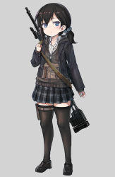 Rule 34 | 1girl, black footwear, black hair, black jacket, black thighhighs, blue eyes, blue skirt, cardigan, closed mouth, dress shirt, full body, grey background, grey cardigan, gun, gun on back, hair bobbles, hair ornament, harness, hood, hooded jacket, jacket, light frown, loafers, long sleeves, looking at viewer, low twintails, medium hair, miniskirt, nyifu, open clothes, open jacket, original, plaid, plaid skirt, pleated skirt, pouch, rifle, school uniform, shirt, shoes, simple background, skirt, solo, standing, thigh pouch, thigh strap, thighhighs, twintails, weapon, weapon on back, white shirt, white thighhighs, wing collar