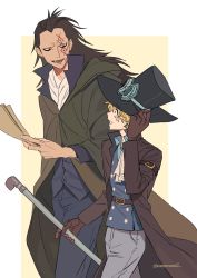 Rule 34 | 2boys, :d, ascot, black hair, blonde hair, cape, coat, eyewear on headwear, facial mark, gloves, hat, highres, holding, industrial pipe, long hair, male focus, monkey d. dragon, mulso, multiple boys, one piece, open mouth, sabo (one piece), smile