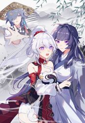 3girls blue_eyes chinese_clothes chinese_commentary commentary_request diamond-shaped_pupils diamond_(shape) dress fu_hua fu_hua_(azure_empyrea) grey_hair hair_over_one_eye hanfu haruka_(rsyaooooo) hat high_ponytail highres honkai_(series) honkai_impact_3rd kiana_kaslana long_sleeves mountainous_horizon multiple_girls outstretched_hand pink_pupils pointing ponytail purple_eyes purple_hair raiden_mei rice_hat symbol-shaped_pupils white_hair white_hanfu white_sleeves