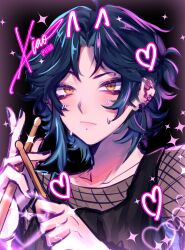 Rule 34 | 1boy, aqua hair, black background, black hair, black tank top, character name, closed mouth, drumsticks, ear piercing, fishnet top, genshin impact, half updo, heart, highres, holding, holding drumsticks, looking at viewer, male focus, mih0, multicolored background, multicolored hair, piercing, pink background, short ponytail, solo, sparkle, tank top, xiao (genshin impact), yellow eyes