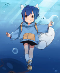 Rule 34 | 1boy, :d, air bubble, black shorts, blue footwear, blue hoodie, blue theme, brown eyes, bubble, character request, child, commentary, creatures (company), dewgong, english commentary, fish, full body, game freak, gen 1 pokemon, head wings, highres, hood, hoodie, legendary pokemon, long sleeves, male focus, nemui (nemuriyagi), nintendo, open mouth, outstretched arms, personification, pokemon, pokemon (creature), shoes, shorts, smile, socks, solo focus, submerged, tail, underwater, wartortle, wings