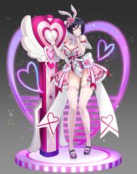 Rule 34 | 1girl, absurdres, alternate costume, animal ears, bindong, black hair, breasts, cleavage, counter:side, covered navel, elbow gloves, full body, gloves, gluteal fold, hair between eyes, hair ornament, hayami sanae, heart, heart hair ornament, highres, purple eyes, rabbit ears, solo, thighhighs, white gloves, white thighhighs