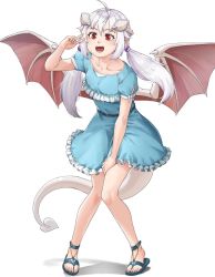 Rule 34 | 1girl, :d, bare arms, bare legs, belt, blue dress, collarbone, commentary, demon tail, demon wings, dress, english commentary, frills, full body, hand on own thigh, horns, knees together feet apart, lilim (monster girl encyclopedia), long hair, low twintails, maritan (pixelmaritan), monster girl encyclopedia, open mouth, pointy ears, red eyes, runa (maritan), sandals, short sleeves, simple background, smile, solo, tail, twintails, v, white background, white hair, wings