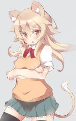Rule 34 | &gt;:o, 1girl, :o, animal ears, black thighhighs, blonde hair, blush, bow, bowtie, crossed arms, grey background, lion ears, lion tail, long hair, original, pleated skirt, red eyes, school uniform, simple background, skirt, solo, tail, thighhighs, tomcat (moconeko), v-shaped eyebrows, vest, zettai ryouiki