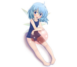 Rule 34 | 1girl, ahoge, bad id, bad pixiv id, ball, barefoot, beachball, blue eyes, blue hair, blush, cirno, crossed arms, embodiment of scarlet devil, feet, female focus, full body, gradient background, katsuo9, matching hair/eyes, one-piece swimsuit, school swimsuit, short hair, sitting, smile, solo, swimsuit, touhou, transparent, white background, wings