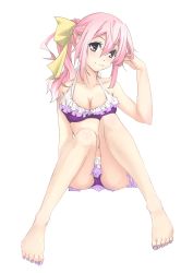 Rule 34 | 1girl, absurdres, artist request, barefoot, bikini, breasts, brown eyes, character request, cleavage, collarbone, ello, frilled bikini, frills, full body, hair between eyes, hair ribbon, hand in own hair, highres, long hair, looking at viewer, nail polish, original, pink hair, ponytail, purple background, purple nails, red eyes, ribbon, simple background, sitting, smile, solo, source request, swimsuit, toenails, white background, yellow ribbon