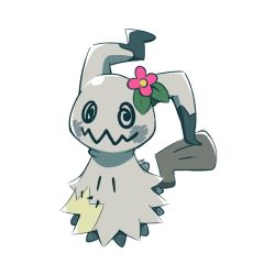 Rule 34 | alternate color, artsy-rc, commentary, creatures (company), english commentary, flower, full body, game freak, gen 7 pokemon, hair flower, hair ornament, highres, looking at viewer, mimikyu, nintendo, no humans, pink flower, pokemon, pokemon (creature), shiny pokemon, simple background, solo, white background