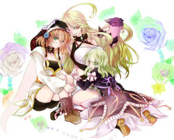Rule 34 | 3girls, bike shorts, blonde hair, blue rose, boots, bow, breasts, brown hair, creature, detached collar, dress, elize lutus, flower, green eyes, green rose, hairband, hand on head, kneeling, koougi, leia rolando, long hair, milla maxwell, multicolored rose, multiple girls, purple rose, red eyes, ribbon, rose, shirt, short hair, sitting, smile, strapless, tales of (series), tales of xillia, taut clothes, taut shirt, teepo (tales), tube top