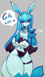 Rule 34 | absurdres, animal ears, black hair, blowing kiss, blue hair, breasts, choker, cleavage, creatures (company), furry, furry female, game freak, gen 4 pokemon, glaceon, highres, large breasts, long hair, looking at viewer, midriff, multicolored hair, navel, nintendo, pokemon, pokemon (creature), purple eyes, sidelocks, tail, teardrop tattoo, thick thighs, thigh strap, thighs, togetoge, wide hips