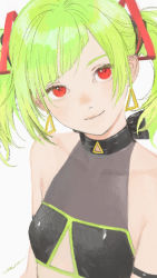 Rule 34 | 1girl, arm strap, asymmetrical bangs, bare shoulders, blunt bangs, close-up, closed mouth, clothing cutout, collarbone, covered collarbone, delutaya, diagonal bangs, earrings, eyebrows, green hair, grey background, head tilt, highres, indie virtual youtuber, jewelry, looking at viewer, matayoshi, red eyes, short hair, short twintails, signature, simple background, sleeveless, smile, solo, triangle earrings, triangle hair ornament, twintails, underboob cutout, upper body, utaite