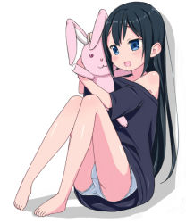 Rule 34 | 1girl, bare legs, bare shoulders, barefoot, black hair, blue eyes, blush, full body, kimagure blue, long hair, md5 mismatch, open mouth, original, oversized clothes, panties, revision, simple background, sitting, smile, solo, stuffed animal, stuffed rabbit, stuffed toy, underwear, white background, white panties