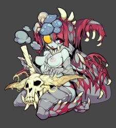 Rule 34 | 1girl, absurdres, armor, breasts, commentary, english commentary, full body, grey background, highres, large breasts, looking to the side, monster hunter (series), mushroom on head, nipples, open mouth, personification, red eyes, red hair, simple background, sitting, skull, slugbox, solo, vaal hazak, wariza, wings