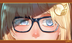 Rule 34 | 1girl, bespectacled, blue eyes, close-up, eye focus, glasses, hair ornament, highres, hololive, hololive english, kikino, nose, shaded face, solo, virtual youtuber, watson amelia