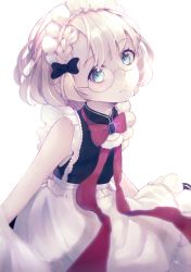 Rule 34 | 1girl, apron, bare shoulders, black bow, black shirt, blonde hair, blouse, blush, bow, braid, braided bangs, closed mouth, commentary request, g36 (girls&#039; frontline), girls&#039; frontline, glasses, green eyes, hair bow, maid headdress, red bow, shirt, simple background, single braid, sleeveless, sleeveless shirt, smile, solo, white apron, white background, yuizayomiya