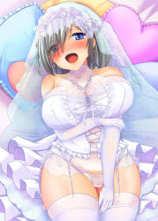 Rule 34 | 10s, 1girl, :d, alternate costume, bare shoulders, bed sheet, blue eyes, blush, bow, bow panties, breast hold, breasts, bridal veil, cameltoe, cleavage, collarbone, covered erect nipples, curvy, dress, elbow gloves, female focus, flower, frilled pillow, frills, garter belt, garter straps, gloves, grey eyes, grey hair, hair flower, hair ornament, hamakaze (kancolle), head tilt, heart, heart-shaped pupils, heart-shaped pillow, highres, huge breasts, jewelry, kantai collection, large breasts, looking at viewer, lying, necklace, nose blush, okatora, on back, open mouth, panties, pillow, pink flower, pink rose, ribbon, rose, see-through, short hair, side-tie panties, sitting, smile, solo, symbol-shaped pupils, thick thighs, thighhighs, thighs, underwear, veil, wedding dress, white bow, white gloves, white panties, white ribbon, white thighhighs, wide hips