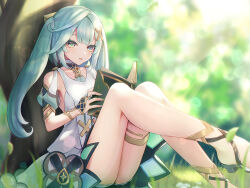 Rule 34 | 1girl, blue hair, blurry, book, breasts, clothing cutout, commentary request, depth of field, dress, faruzan (genshin impact), feet out of frame, genshin impact, green nails, hair ornament, highres, holding, holding book, knees up, legs, long hair, looking at viewer, outdoors, parted lips, shoulder cutout, sitting, sleeveless, sleeveless dress, small breasts, solo, symbol-shaped pupils, thighs, tree, triangle-shaped pupils, twintails, ura (hamburg oniku), white dress, x hair ornament