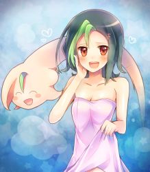 Rule 34 | 1girl, :d, ^ ^, bad id, bad nicoseiga id, bare shoulders, blush, blush stickers, breasts, cleavage, closed eyes, collarbone, dual persona, closed eyes, green hair, hair down, hands on own face, heart, looking at viewer, mizuki kotori (yu-gi-oh!), moe on drop, multicolored hair, naked towel, open mouth, red eyes, small breasts, smile, solo, star (symbol), towel, two-tone hair, yu-gi-oh!, yu-gi-oh! zexal, yuu-gi-ou, yuu-gi-ou zexal