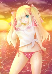 Rule 34 | 1girl, absurdres, bad id, bad nicoseiga id, bikini, blonde hair, blue eyes, breasts, cleavage, d;, front-tie bikini top, front-tie top, highres, long hair, miko (royal milk), ocean, one eye closed, open mouth, original, polka dot, polka dot bikini, polka dot swimsuit, see-through, shirt, side-tie bikini bottom, solo, sunset, swimsuit, twintails, water, wet, wet clothes, wet shirt, wink