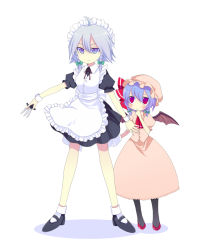 Rule 34 | 2girls, apron, ascot, bat wings, between fingers, brooch, dagger, female focus, gem, harano, holding, izayoi sakuya, jewelry, knife, light purple hair, looking afar, looking up, multiple girls, puffy short sleeves, puffy sleeves, remilia scarlet, short sleeves, silver hair, simple background, touhou, weapon, white background, wings