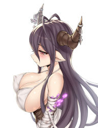 Rule 34 | 10s, 1girl, bad id, bad pixiv id, bandaged arm, bandages, black hair, blush, breasts, cleavage, covered erect nipples, danua, draph, eyelashes, from side, granblue fantasy, horn ornament, horns, lang (chikage36), large breasts, long hair, pointy ears, profile, red eyes, sideboob, simple background, solo, upper body, white background