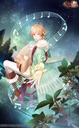 Rule 34 | 1boy, absurdres, accordion, boots, brown footwear, chiffon cake (food fantasy), coat, cocosuke, food fantasy, green jacket, highres, holding, holding instrument, instrument, jacket, leaf, long sleeves, male focus, musical note, official art, open mouth, orange eyes, orange hair, pants, print coat, sky, smile, star (sky), star (symbol), starry background, starry sky, white pants