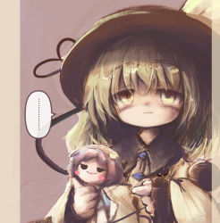 Rule 34 | ..., 1girl, black hat, blouse, closed mouth, collared shirt, commentary request, doll, eyeball, frilled shirt collar, frilled sleeves, frills, fumo (doll), green eyes, green hair, hat, heart, heart of string, holding, holding doll, komeiji koishi, komeiji satori, kouba, long sleeves, looking at viewer, shirt, simple background, solo, speech bubble, spoken ellipsis, teeth, third eye, touhou, upper teeth only, wide sleeves, yellow shirt