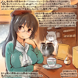 Rule 34 | 10s, 1girl, 2017, alternate costume, animal, black hair, breasts, cafe, choukai (kancolle), coffee, commentary request, cup, dated, glasses, hamster, hat, kantai collection, kirisawa juuzou, large breasts, long hair, long sleeves, numbered, red eyes, remodel (kantai collection), rimless eyewear, smile, teacup, traditional media, translation request, twitter username