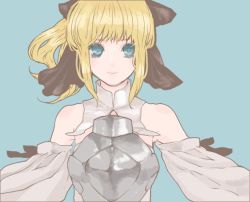 Rule 34 | 1girl, ahoge, armor, artoria pendragon (all), artoria pendragon (fate), bad id, bad pixiv id, bare shoulders, blonde hair, bow, capcom, detached sleeves, face, fate/stay night, fate/unlimited codes, fate (series), hair bow, npn, pale color, ponytail, saber (fate), saber lily, simple background, solo