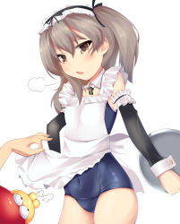 Rule 34 | 10s, 1girl, absurdres, alternate costume, apron, bad id, bad pixiv id, brown eyes, covered navel, detached collar, enmaided, girls und panzer, grey hair, highres, maid, maid apron, maid headdress, nksk, old school swimsuit, one-piece swimsuit, school swimsuit, shimada arisu, solo focus, standing, swimsuit, tray, twintails, wrist cuffs