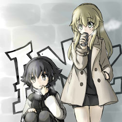 Rule 34 | 10s, 2girls, black coat, black dress, black hair, black pants, blonde hair, braid, breath, brown eyes, can, carpaccio (girls und panzer), casual, coat, commentary request, dress, drink can, girls und panzer, green eyes, hand in pocket, highres, holding, long hair, long sleeves, looking at another, looking to the side, multiple girls, pants, pepperoni (girls und panzer), short hair, side braid, sitting, sketch, soda can, standing, wabiushi, white coat