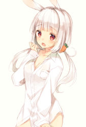 Rule 34 | 1girl, animal ears, breasts, carrot hair ornament, cleavage, dress shirt, food-themed hair ornament, hair ornament, long hair, looking at viewer, low twintails, midorikawa you, open mouth, original, rabbit ears, red eyes, shirt, simple background, solo, twintails, white background, white hair