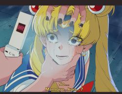 Rule 34 | 1girl, absurdres, bishoujo senshi sailor moon, black nails, blonde hair, blue eyes, blue sailor collar, cellphone, circlet, crescent, crescent earrings, crying, crying with eyes open, derivative work, earrings, english text, fake screenshot, flip phone, hair over shoulder, head grab, highres, holding, holding phone, jewelry, long hair, looking at phone, meme, nail polish, nyantcha, open mouth, parted bangs, phone, queen beryl, sailor collar, sailor moon, sailor moon redraw challenge (meme), sailor senshi uniform, screenshot redraw, solo focus, subtitled, tears, teeth, tsukino usagi, twintails
