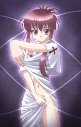 Rule 34 | 00s, 1girl, chikage (sister princess), dress, groin, looking at viewer, masakichi (crossroad), navel, no panties, purple eyes, red hair, short hair with long locks, short sleeves, sidelocks, sister princess, solo, standing, stomach, string, thighs, undressing, uniform, white dress