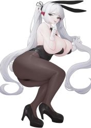 Rule 34 | 1girl, animal ears, armpit crease, black footwear, breasts, brown pantyhose, covered collarbone, eyes visible through hair, eyeshadow, fake animal ears, fake tail, finger to mouth, gloves, grey background, grey eyes, grey eyeshadow, grey hair, half-closed eyes, high heels, highres, holding, holding own hair, huge breasts, leotard, long hair, makeup, original, pantyhose, playboy bunny, rabbit (wlsdnjs950), rabbit ears, rabbit tail, simple background, skindentation, solo, tail, tongue, tongue out, twintails, very long hair, white gloves