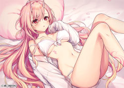 Rule 34 | 1girl, ass, bare shoulders, bed sheet, bikini, breasts, collarbone, feet out of frame, front-tie bikini top, front-tie top, groin, horns, komeshiro kasu, legs up, long hair, long sleeves, looking at viewer, lying, medium breasts, melonbooks, navel, off shoulder, on back, oni horns, open clothes, open shirt, original, parted lips, petals, pillow, pink hair, red eyes, shirt, side-tie bikini bottom, solo, stomach, strap slip, string bikini, swimsuit, tattoo, thighs, very long hair, white bikini, white shirt