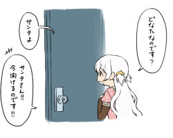 Rule 34 | 10s, 1girl, :o, door, doorknob, dress, from side, long hair, long sleeves, mahou shoujo madoka magica, mahou shoujo madoka magica: hangyaku no monogatari, momoe nagisa, oda takayuki, open mouth, partially translated, profile, simple background, translation request, upper body, very long hair, white background, white hair