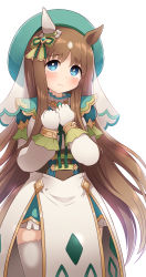 Rule 34 | 1girl, animal ears, beret, blue eyes, bow, brown hair, capelet, clenched hands, cowboy shot, ear covers, frown, gloves, grass wonder (saint jade healer) (umamusume), grass wonder (umamusume), green capelet, green hat, hair bow, hands on own chest, hat, highres, horse ears, horse girl, long hair, long sleeves, official alternate costume, simoyuki, simple background, single ear cover, solo, tearing up, tears, thighhighs, umamusume, veil, white background, white gloves, white thighhighs, wrist cuffs