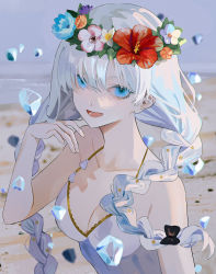 Rule 34 | 1girl, absurdres, anastasia (fate), anastasia (swimsuit archer) (fate), anastasia (swimsuit archer) (second ascension) (fate), bare shoulders, beach, blue eyes, blush, bow, braid, breasts, cleavage, collarbone, dress, dress swimsuit, fate/grand order, fate (series), flower wreath, hair bow, hair over one eye, hairband, head wreath, highres, huge filesize, ice, large breasts, long hair, looking at viewer, open mouth, parai0, silver hair, smile, solo, twin braids, very long hair, white dress