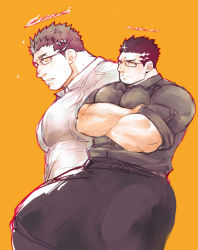 Rule 34 | 1boy, alternate costume, apron, bad id, bad pixiv id, bara, bespectacled, black-framed eyewear, blush, casual, collared shirt, crossed arms, facial hair, fire, flaming halo, glasses, halo, large pectorals, male focus, mature male, multiple views, muscular, muscular male, pectoral lift, pectorals, po fu, shirt, short hair, sideburns, stubble, tokyo houkago summoners, unfinished, waist apron, zabaniyya (housamo)
